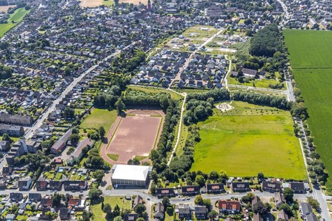 Aerial view, residential park Schulze-Everding, open space and meadow south of Horster Straße,