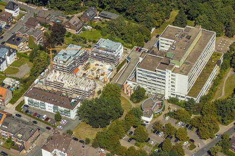 Aerial view, new construction of a residential complex next to the Josef-Hospital,