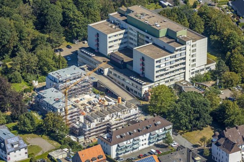 Aerial view, new construction of a residential complex next to the Josef-Hospital,