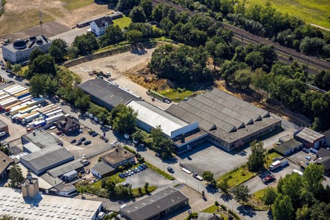 Aerial view, industrial hall Vogtskamp 6, Yunus Emre Camii Mosque, Heessen, Hamm, Ruhr area, North