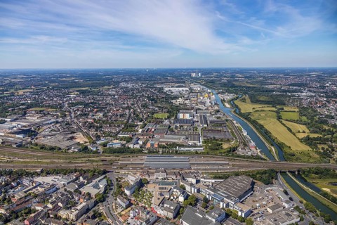 Aerial view, overview main station Hamm, industrial area, harbour, former Thyssen area, Hamm, Ruhr