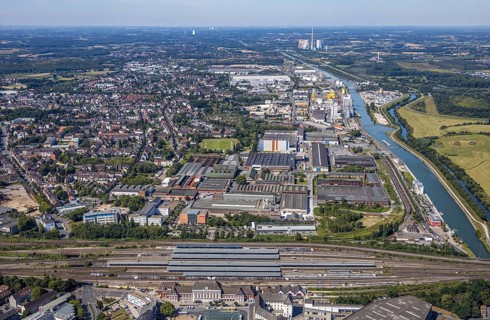 Aerial view, overview main station Hamm, industrial area, harbour, former Thyssen area, Hamm, Ruhr
