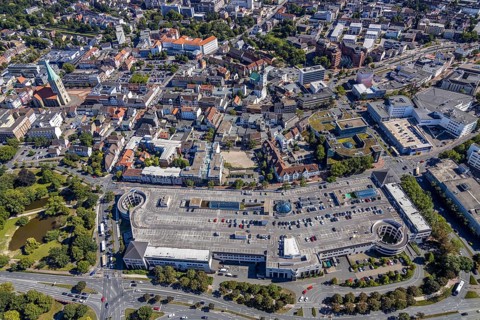 Aerial view, Widumstraße, Allee-Center, Ritter-Passage, Evangelische Pauslus-Kirche Evangelische