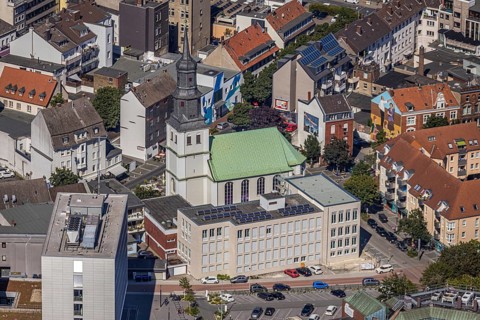 Aerial view, renovated protestant youth church Martin-Luther, church district Hamm new building,