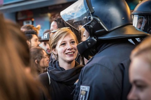 DEU Germany Germany Berlin 1st of May demonstration through Kreuzberg.conversation with the police