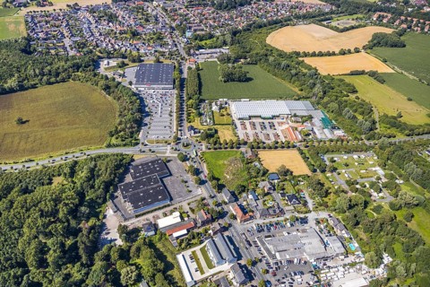 Aerial view, business location Münsterstraße, roundabout Warendorfer Straße - Münsterstraße, Real