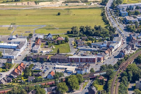 Aerial view, construction area Seeburger Straße, airfield EDLH, Münsterstraße, railway bridges,