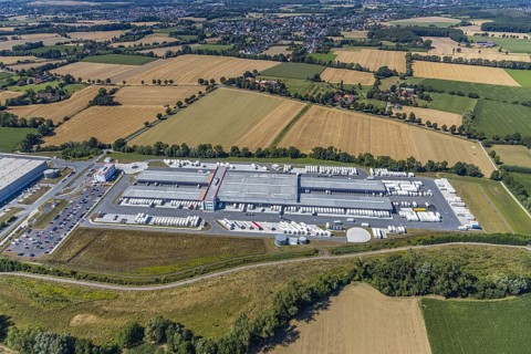 Aerial view, DPD depot in Hamm, truck stop Osterbönener Weg, logistics centre, Hamm, Ruhr area,