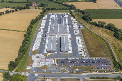 Aerial view, DPD depot in Hamm, truck stop Osterbönener Weg, logistics centre, Hamm, Ruhr area,