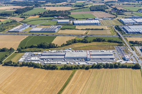Aerial view, DPD depot in Hamm, truck stop Osterbönener Weg, logistics centre, Hamm, Ruhr area,