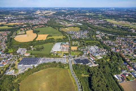 Aerial view, business location Münsterstraße, roundabout Warendorfer Straße - Münsterstraße, Real