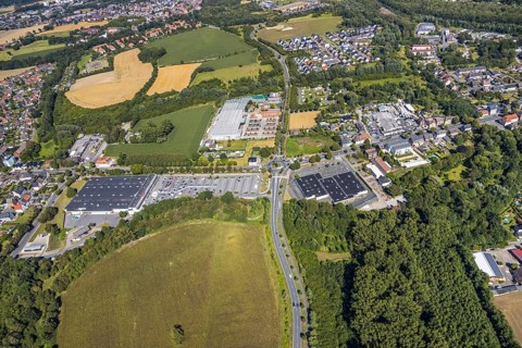 Aerial view, business location Münsterstraße, roundabout Warendorfer Straße - Münsterstraße, Real