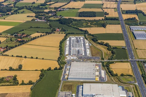Aerial view, DPD depot in Hamm, truck stop Osterbönener Weg, logistics centre, Hamm, Ruhr area,