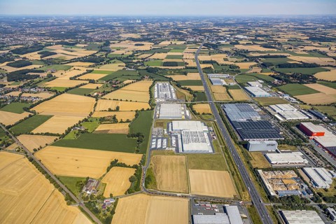 Aerial view, DPD depot in Hamm, truck stop Osterbönener Weg, logistics centre, Hamm, Ruhr area,