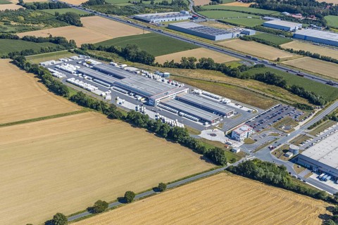 Aerial view, DPD depot in Hamm, truck stop Osterbönener Weg, logistics centre, Hamm, Ruhr area,