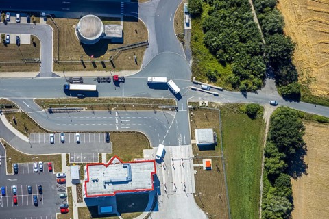 Aerial view, DPD depot in Hamm, truck stop Osterbönener Weg, logistics centre, Hamm, Ruhr area,