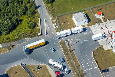 Aerial view, DPD depot in Hamm, truck stop Osterbönener Weg, logistics centre, Hamm, Ruhr area,