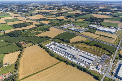 Aerial view, DPD depot in Hamm, truck stop Osterbönener Weg, logistics centre, Hamm, Ruhr area,