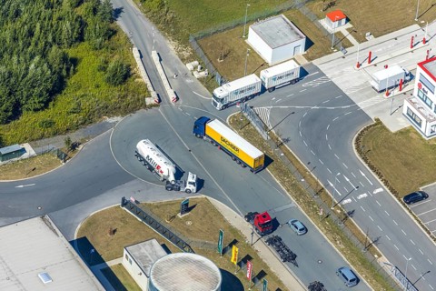 Aerial view, DPD depot in Hamm, truck stop Osterbönener Weg, logistics centre, Hamm, Ruhr area,