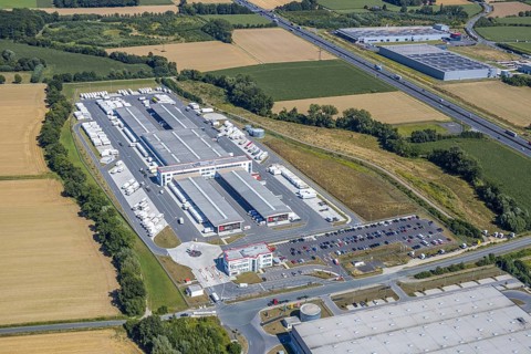 Aerial view, DPD depot in Hamm, truck stop Osterbönener Weg, logistics centre, Hamm, Ruhr area,