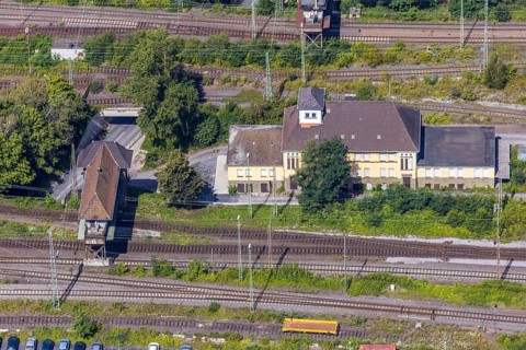 Aerial view, seven bridges, Günterstraße, railway subway, marshalling yard, former signal box,