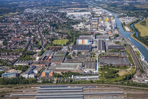 Aerial view, overview main station Hamm, industrial area, harbour, former Thyssen area, Hamm, Ruhr