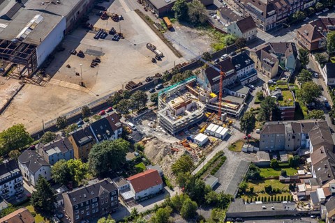 Aerial view, construction site at Wilhelmstraße 61-65, former Roxy cinema, new building of flats,