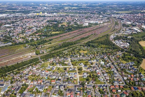 Aerial photo, marshalling yard, overview Lohauserholz, Hamm, Ruhr area, North Rhine-Westphalia,