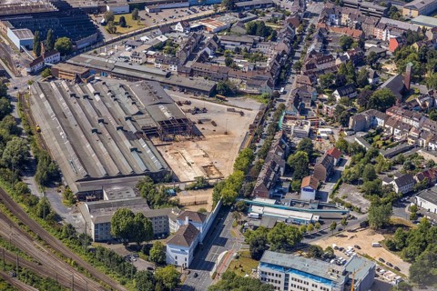 Aerial view, construction site on the WDI site between Bahndamm and Otto-Brenner-Straße, new