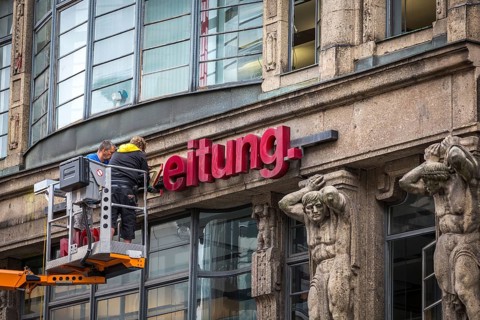 DEU Germany Germany Berlin The dismantling of the TAZ lettering on the old TAZ building on