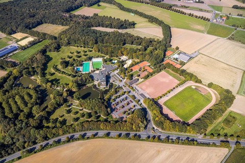 Aerial view, Selbachpark, sports field, outdoor swimming pool Selbachpark, Hamm, Ruhr area, North
