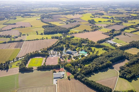 Aerial view, Selbachpark, sports field, outdoor swimming pool Selbachpark, Hamm, Ruhr area, North