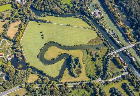 Aerial view, Mühlengraben, Mühlenteich, Ennigerbach, river Lippe, bridge Fährstraße, Wasser- und