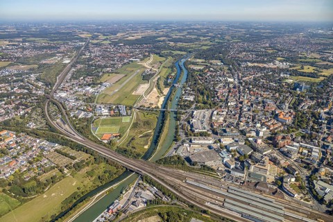 Aerial view, Hamm airfield, Mattenbecke sewage treatment plant, Lippe floodplain, Hamm lock, Lippe