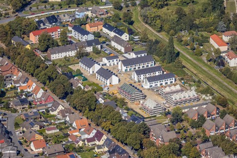Aerial view, construction site, residential area Zum Torksfeld, am Herringer Bach, Herringen, Hamm,