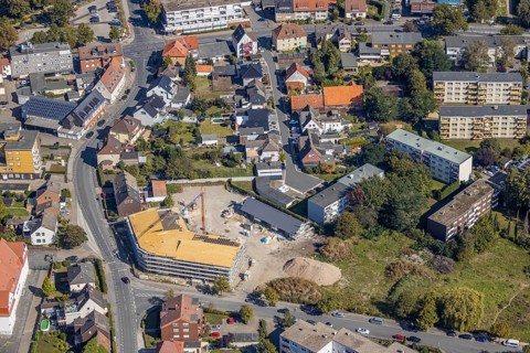 Aerial view, construction site residential buildings Waldenburger Straße corner Holzstraße,