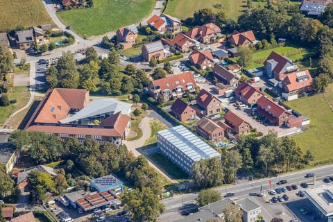 Aerial view, Arnold-Freymuth-Schule, extension new building at the school, Herringen, Hamm, Ruhr