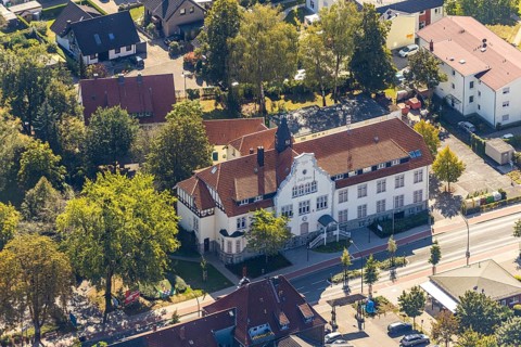 Aerial view, Bürgeramt Pelkum, town hall, Pelkum, Hamm, Ruhr area, North Rhine-Westphalia, Germany,