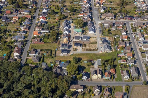 Aerial view, housing estate Herringer Heide, new development area Rosenstraße, Hamm, Ruhr area,