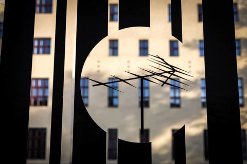 DEU Germany Germany Berlin The symbol of a television aerial on a glass façade in front of the