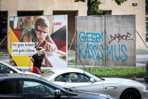 DEU Germany Germany Berlin The back of a poster for the Bundestag election is inscribed with