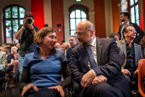 DEU Germany Germany Berlin SPD chancellor candidate Martin Schulz with writer Juli Zeh at an event