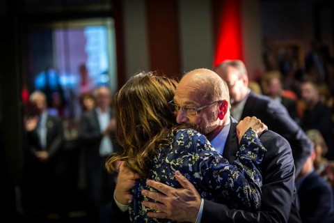 DEU Germany Germany Berlin SPD candidate for chancellor Martin Schulz hugs actress Iris Berben at