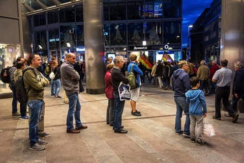 DEU Germany Germany Dresden Pegida demonstration in the city centre. Spectators in front of a