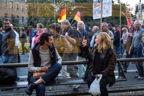 DEU Germany Germany Dresden Pegida demonstration in the city centre.woman of the demonstration