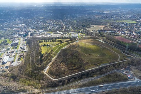 Aerial view, Pluto-Wilhelm mountain dump with Pluto observation tower, Herne, Ruhr area, North