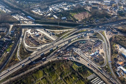 Aerial view, construction site due to A43 extension, motorway junction Herne, motorway A42,
