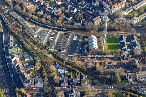 Aerial view, garage yard Mulvanystraße, transmission mast, construction site demolition site,