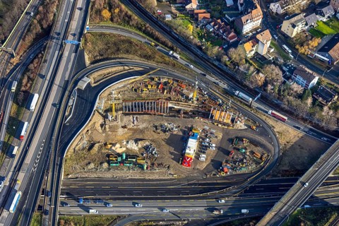 Aerial view, construction site due to A43 extension, motorway junction Herne, motorway A42,