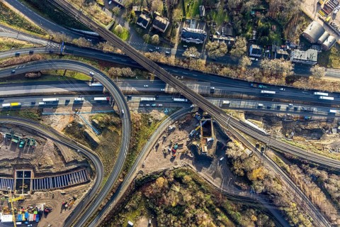 Aerial view, construction site due to A43 extension, motorway junction Herne, motorway A42,